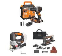 PACK WORX Perceuse visseuse sans fil 20V 60Nm WX102 + Scie sauteuse WX543.9 + Ponceuse multifonction 5 en 1 WX820.9, livrée avec 2 batteries 2Ah et chargeur rapide