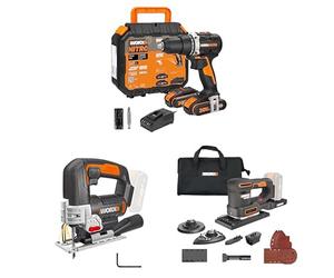 PACK WORX Perceuse visseuse sans fil 20V 60Nm WX102 + Scie sauteuse WX543.9 + Ponceuse multifonction 5 en 1 WX820.9, livrée avec 2 batteries 2Ah et chargeur rapide
