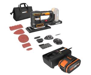 PACK WORX Ponceuse Multifonction sans Fil 20V WX820.9 + KIT Batt4Ah Chargeur, outil 5 en 1, Vitesse Variable, idéal pour le ponçage de finition, orbital et de détail, livré avec 5 Bases et 15 Abrasifs