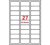 PACK4YA 27 étiquettes par feuille A4, 63,5 x 29,6 mm, blanc autocollant, autocollant, imprimable pour adresse, expédition, envoi, imprimantes à jet d'encre et laser (20 feuilles)