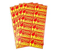 PACK4YA Lot de 120 autocollants fragiles - 50 x 90 mm - Fond jaune - Adhésif puissant - Étiquettes d'avertissement - Étiquettes d'envoi - Manipuler avec soin - Article fragile vers le haut