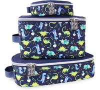 Packing Cubes - Set Of 3 Packing Cubes Or Travel Organizers; Each Cube Features A Mesh Top, Double Zippers And A Fabric Handle; Blue Dinosaurs