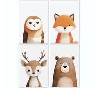 PACKLIST® Décoration Chambre Bébé - Posters Enfants Animaux Forêt et Nature : Ours, Hibou, Cerf et Renard - Affiches A4 (21x30 cm) 250 gr. Sans Cadre pour Garçons et Filles