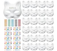 Packool Lot de 50 masques blancs en pâte à papier pour loisirs créatifs avec 10 ensembles de peinture, 5 feuilles de strass et sangles élastiques - peinture, décoration et cosplay
