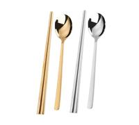 PACKOVE Ensemble 2 Sets Baguettes Réutilisables en Acier Inoxydable Cuillère Coréenne, Manche Long et Isolation Thermique, pour Ramen et Usage Quotidien