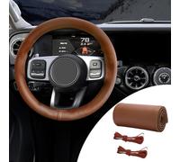 PACLVIO Housse de Volant en Cuir véritable de 38,1 cm - Protection Universelle pour Volant de Voiture avec Fil d'aiguille, antidérapante et Respirante, à Coudre soi-même (Marron/Brillant)