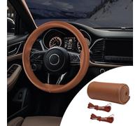 PACLVIO Housse de volant en cuir véritable de 38,1 cm, protection universelle pour volant de voiture avec fil d'aiguille, antidérapante et respirante, à coudre soi-même (marron/trou)