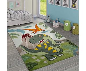 Paco Home Tapis Chambre Enfant Adorable Dinosaures Jungle Volcan Effet 3-D Poils Ras Vert, Dimension:160x230 cm