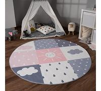 Paco Home Tapis Chambre Enfant Bebe Fille Garcon Antidérapant Arc-en-Ciel Coeur Pois, Dimension:120 cm Rond, Couleur:Rose