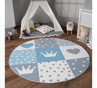 Paco Home Tapis Chambre Enfant Bebe Fille Garcon Antidérapant Arc-en-Ciel Coeur Pois, Dimension:120 cm Rond, Couleur:Bleu