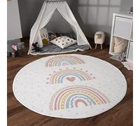 Paco Home Tapis Chambre Enfant Bebe Fille Garcon Antidérapant Arc-en-Ciel Coeur Pois, Dimension:120 cm Rond, Couleur:Rose 2