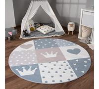 Paco Home Tapis Chambre Enfant Bebe Fille Garcon Antidérapant Arc-en-Ciel Coeur Pois, Dimension:120 cm Rond, Couleur:Beige