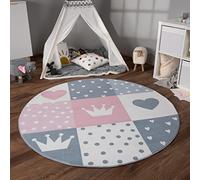 Paco Home Tapis Chambre Enfant Bebe Fille Garcon Antidérapant Arc-en-Ciel Coeur Pois, Dimension:160 cm Rond, Couleur: Crème Rose Gris