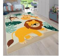 Paco Home Tapis Chambre Enfant Bebe Fille Garcon Motif Animal Zoo Rue Antidérapant Moderne Beige Bleu Vert, Dimension:80x150 cm