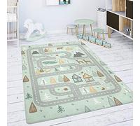 Paco Home Tapis Chambre Enfant Tapis De Jeux Tapis Bébé Route Ours Élan Arbres Vert Gris, Dimension:80x150 cm