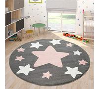 Paco Home Tapis Chambre Enfant Tapis Enfant Grands Et Petits Étoiles Gris Rose, Dimension:200 cm Rond
