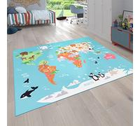 Paco Home Tapis de jeu antidérapant pour chambre d'enfant, motif carte du monde avec animaux, turquoise, dimensions : 100 x 200 cm