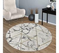 Paco Home Tapis de Salon Marbre Or Gris Motif 3D Tapis à Poils Courts Douce et Robuste, Dimension:120 cm Rond