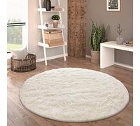 Paco Home Tapis De Salon Poil Long Rond Salon Tapis Shaggy Moderne Poil Long Fausse Fourrure Moelleux Monochrome, Dimension:200 cm Rond, Couleur:Ivoire (Crème)