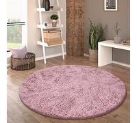 Paco Home Tapis De Salon Poil Long Rond Salon Tapis Shaggy Moderne Poil Long Fausse Fourrure Moelleux Monochrome, Dimension:80 cm Rond, Couleur:Vieux-Rose