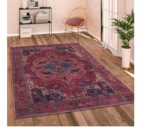 Paco Home Tapis De Salon Poils Ras Motif Oriental Vintage Avec Bordure Lavable Rouge Beige 160 cm rond