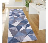 Paco Home Tapis De Salon Poils Ras Tapis Vintage Style Abstrait Moderne Motif Diamant Géométrique, Dimension:80x150 cm, Couleur:Bleu