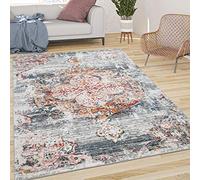 Paco Home Tapis De Salon Poils Ras Vintage Esthétique Orientale Abstrait Grau Rouge Jaune, Dimension:80x150 cm