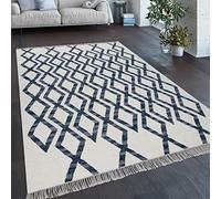 Paco Home Tapis De Salon Style Bohème Franges Tissé À La Main Mélange Laine-Coton Bleu, Dimension:140x200 cm