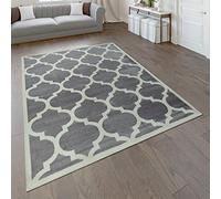 Paco Home Tapis design à poils courts - Motif marocain - Moderne - Gris - Blanc - Dimensions : 120 x 170 cm