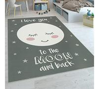 Paco Home Tapis Enfant Chambre Enfant Filles Étoiles Mignon Lune Inscription Gris, Dimension:80x150 cm