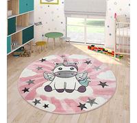 Paco Home Tapis Enfant Chambre Enfant Filles Moderne Licorne sur Nuages Rose Violet, Dimension:120 cm Rond