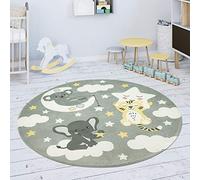 Paco Home Tapis Enfant Rond Chambre d'enfant Filles Garçons Étoile Éléphant Arc-en-Ciel, Dimension:80 cm Rond, Couleur:Gris
