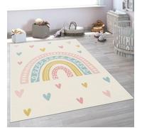 Paco Home Tapis Enfant Tapis Chambre Enfant Fille Garcon Pastel Arc-en-ciel Coeur Crème Crème 200 cm rond