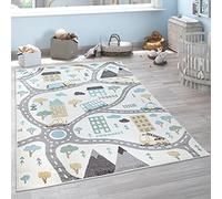 Paco Home Tapis Enfant Tapis Chambre Enfant Pastel Garçon Fille Voitures Crème Bleu Pétrole Gris Jaune Route Maison Anthracite, Dimension:120x160 cm