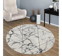 Paco Home Tapis Poil Ras Gris Doré Doux Salon Aspect Marbré Différents Designs, Dimension:120 cm Rond, Couleur:Argent 4