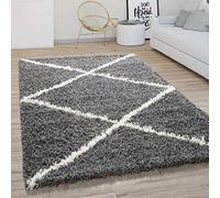 Paco Home Tapis Poils Longs Salon Shaggy Motif Losanges Scandinave, Moderne Gris Foncé, Dimension:120x170 cm