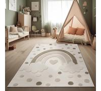 Paco Home Tapis pour Enfants Tapis de Jeu Moderne Chambre d'enfant Effet 3D Tons naturels Velours Doux Robuste & Facile d'entretien Motif Arc-en-Ciel Crème Sable, Dimension:120x160 cm