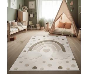 Paco Home Tapis pour Enfants Tapis de Jeu Moderne Chambre d'enfant Effet 3D Tons naturels Velours Doux Robuste & Facile d'entretien Motif Arc-en-Ciel Crème Sable, Dimension:80x150 cm