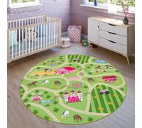 Paco Home Tapis pour Enfants, Tapis de Jeu pour Chambres d'enfants, Paysage et Chevaux, en Vert, Dimension:160 cm Rond
