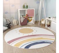 Paco Home Tapis Rond Chambre Enfant Bebe Fille Garcon Arc-en-Ciel Lavable en Machine Moderne, Dimension:160 cm Rond, Couleur:Blanc