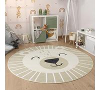 Paco Home Tapis Rond Chambre Enfant Bebe Fille Garcon Tête De Lion Tête d'ours Lavable en Machine Moderne, Dimension:100 cm Rond, Couleur:Beige