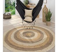 Paco Home Tapis Rond Salon Jute Motif Ethnique Boho Moderne Fait Main Tapis Naturel, Dimension:100 cm Rond, Couleur:Multicolore