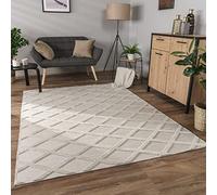 Paco Home Tapis Salon Chambre Adulte Poils Ras Motif Boho Motif Scandinave 3D Moderne, Dimension:120x160 cm, Couleur:Crème