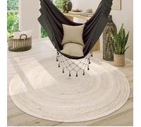 Paco Home Tapis Rond Salon Jute Motif Ethnique Boho Moderne Fait Main Tapis Naturel, Dimension:160 cm Rond, Couleur:Blanc