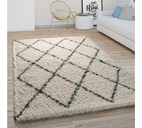 Paco Home Tapis Shaggy Tapis De Salon Poil Long Moderne Boho Scandinave Motif Diamant, Dimension:120 cm Rond, Couleur:Crème 2
