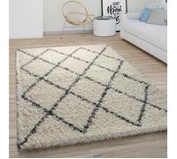 Paco Home Tapis Shaggy Tapis Salon Poil Long Motif Diamant Scandinave Blanc Cassé Gris 120 cm rond