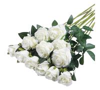 PacuM 12 pièces Fleurs de Roses artificielles Texture Veloutée Fausses Fleurs Roses Rouges 20in Fausses Fleurs de Soie Tige Unique Fleurs Roses Artificielles pour Mariages, Décorations de Fête(Blanc)
