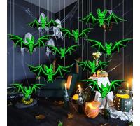 PacuM 24 Pièces Halloween Decoration Chauve Souris Ensemble Contient 10 Décorations Chauve Souris Halloween Réfléchissantes La Nuit 12 Autocollants Feutre et 2 Rouleaux Fil Pêche pour Fête Deco