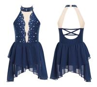 PADGCNOR Robe de Ballet pour Filles Robe de Danse Tutu for Filles, Justaucorps Ballet, sans Manches, avec Strass, Robe lyrique, Costume scène Gymnastique(Dark Blue,12)
