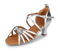PADGENE Chaussures de Danse à Semelle Molle en Satin pour Femmes, à Talons Hauts Chaussures de Danse pour Jazz/Latin/National Mark/Rumba/Cha Cha, M - Argent - 5cm, 36 EU